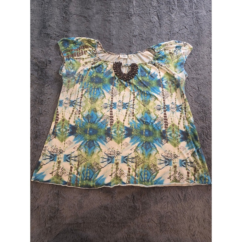 Cato‎ Woman Blouse Plus Size 18/20W Blue Green Abstract Beaded Neck Short Sleeve